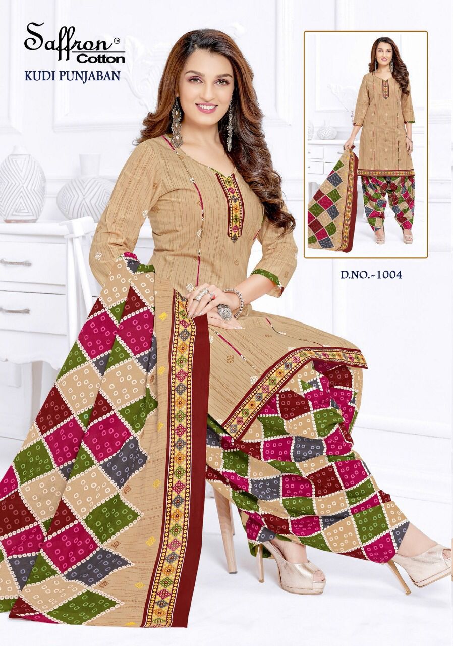 Saffron Kudi Punjaban Printed Cotton Regular Wear Designer Dress Material Collection